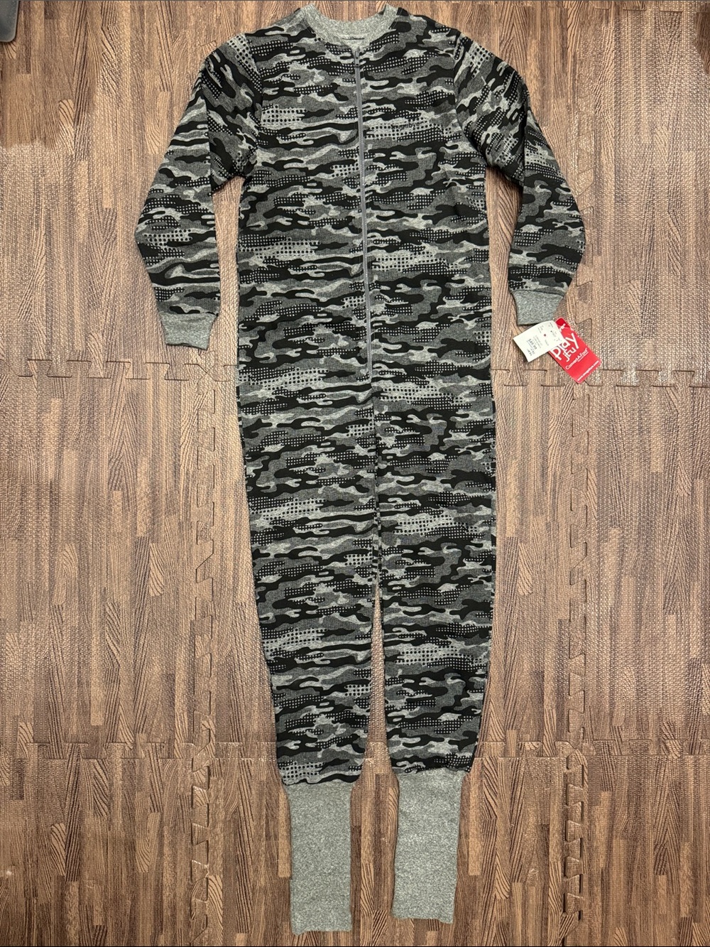 Kids Gray Camo One-Piece Zip Pajamas